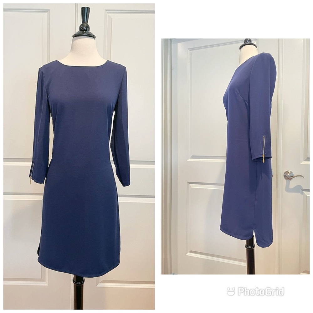 Laundry by Shelli Segal Blue 3/4 Sleeve Dress w gold zipper detail on sleeve